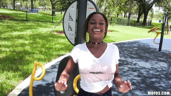 Озабоченный любовник оттрахал сисястую негритянку в побритую письку в кустах